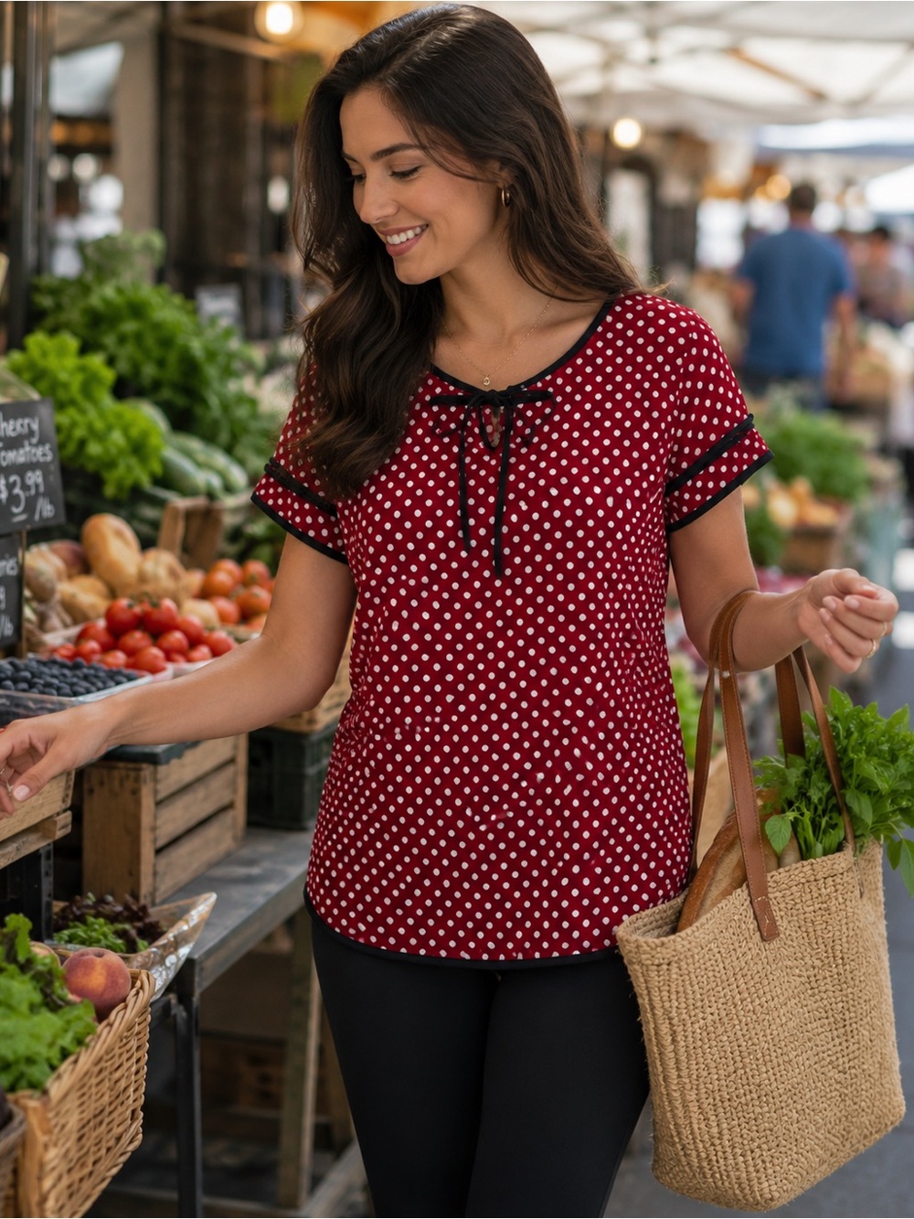 Sz L Kisses & Co Women’s Red Polka Dot Tie-Neck Short Sleeve Top